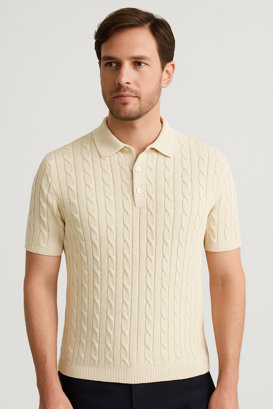 Men’s Cream Cable Knit Polo – LuxFit Cotton | MOQ 200 | Customizable | XS–XXXL