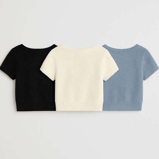 Set of 3 Ribbed Cotton Crop Tops – Customizable | LuxFit Fabric | XS–XXXL | MOQ 500