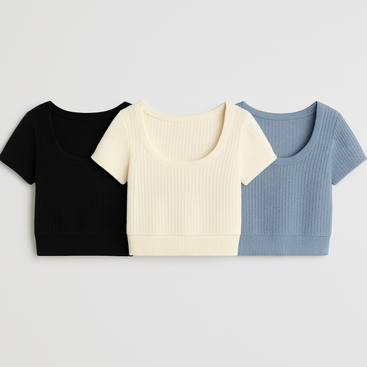Set of 3 Ribbed Cotton Crop Tops – Customizable | LuxFit Fabric | XS–XXXL | MOQ 500